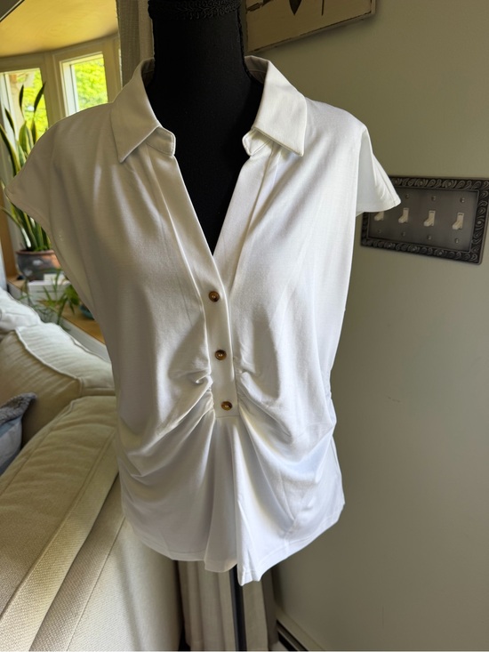Milano Tops - Milano White Button-Front Ruched Collared Top